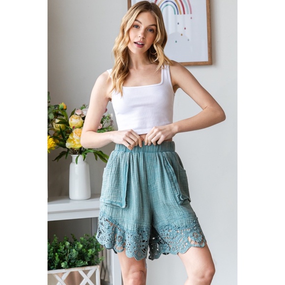 Oli & Hali Teal Mineral Washed Long Cotton Lace Trimmed Shorts - Picture 7 of 11